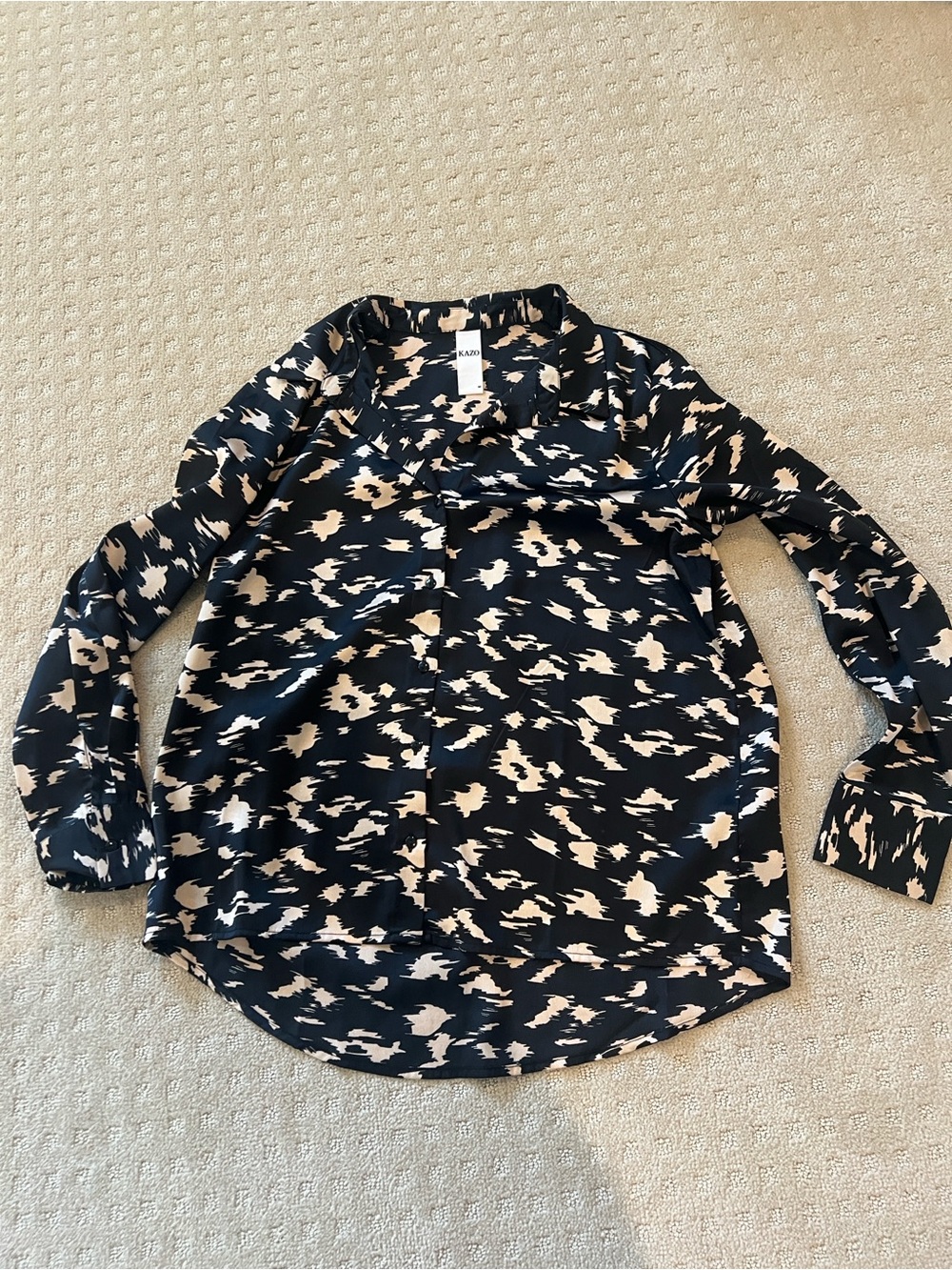 Silky Abstract Print Button-Up Blouse - Black & Cream